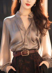 Stylish Grey Original Design Button Solid Silk Shirts Fall