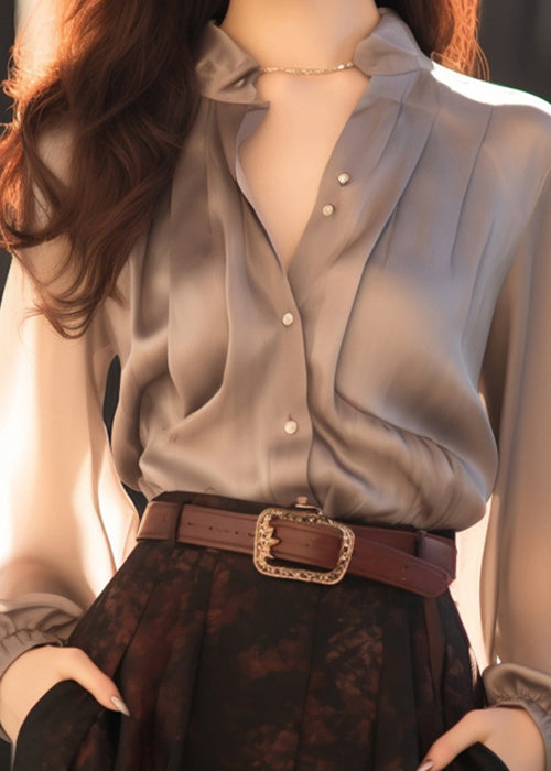 Stylish Grey Original Design Button Solid Silk Shirts Fall