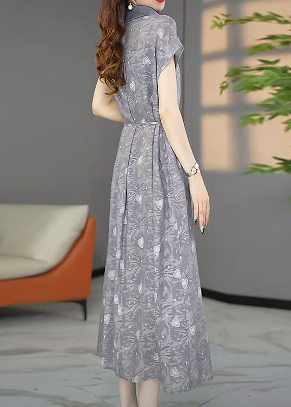 Stylish Grey Oversized Print Chiffon Maxi Dresses Summer