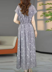 Stylish Grey Oversized Print Chiffon Maxi Dresses Summer