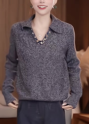Stylish Grey Peter Pan Collar Patchwork Thick Cotton Knit Sweaters Fall