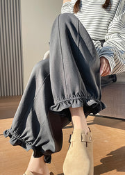 Stylish Grey Ruffled Cotton Wide Leg Pants Fall