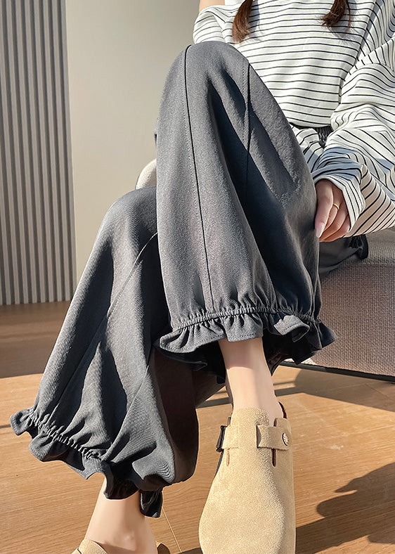 Stylish Grey Ruffled Cotton Wide Leg Pants Fall