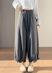 Stylish Grey Ruffled Cotton Wide Leg Pants Fall