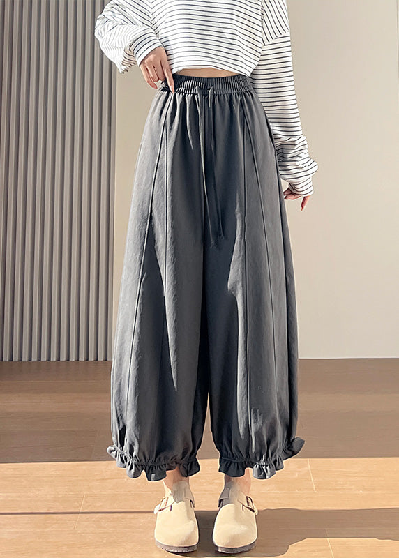 Stylish Grey Ruffled Cotton Wide Leg Pants Fall