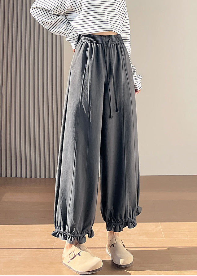 Stylish Grey Ruffled Cotton Wide Leg Pants Fall