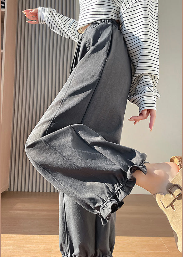 Stylish Grey Ruffled Cotton Wide Leg Pants Fall