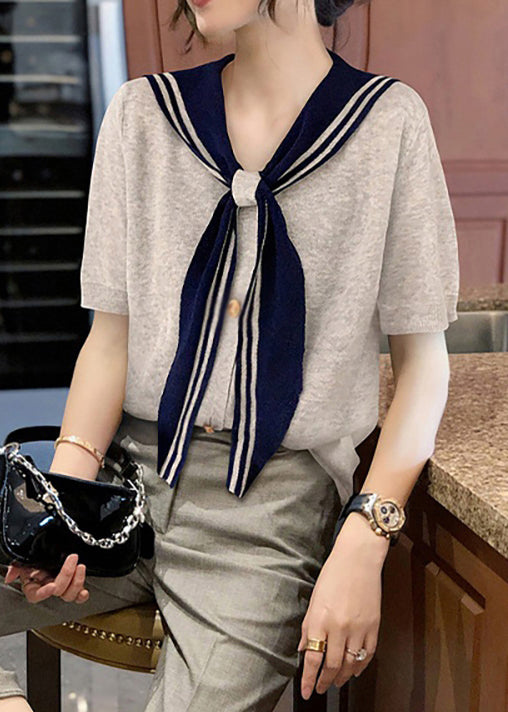 Stylish Grey Sailor Collar Patchwork Cotton T Shirt Summer