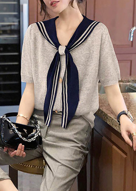 Stylish Grey Sailor Collar Patchwork Cotton T Shirt Summer