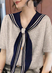 Stylish Grey Sailor Collar Patchwork Cotton T Shirt Summer