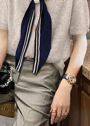 Stylish Grey Sailor Collar Patchwork Cotton T Shirt Summer
