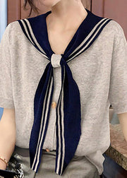 Stylish Grey Sailor Collar Patchwork Cotton T Shirt Summer