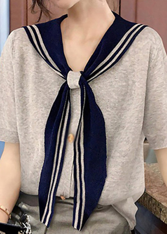 Stylish Grey Sailor Collar Patchwork Cotton T Shirt Summer