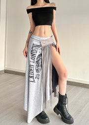 Stylish Grey Tasseled Side Open Cotton Skirt Two Pieces Set Summer