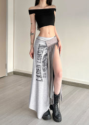 Stylish Grey Tasseled Side Open Cotton Skirt Two Pieces Set Summer