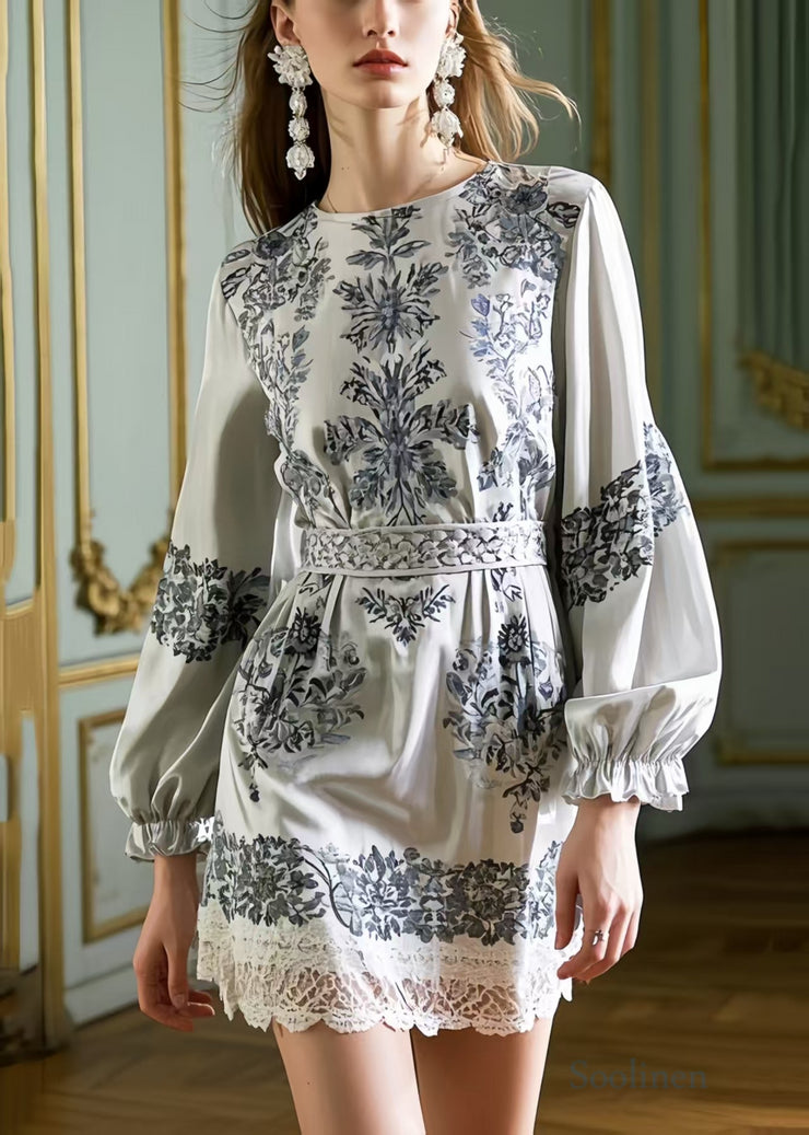 Stylish Grey Tunic Print Silk Work Dress Spring