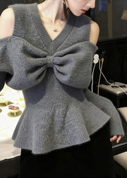 Stylish Grey V Neck Cold Shoulder Bow Knit Sweaters Fall