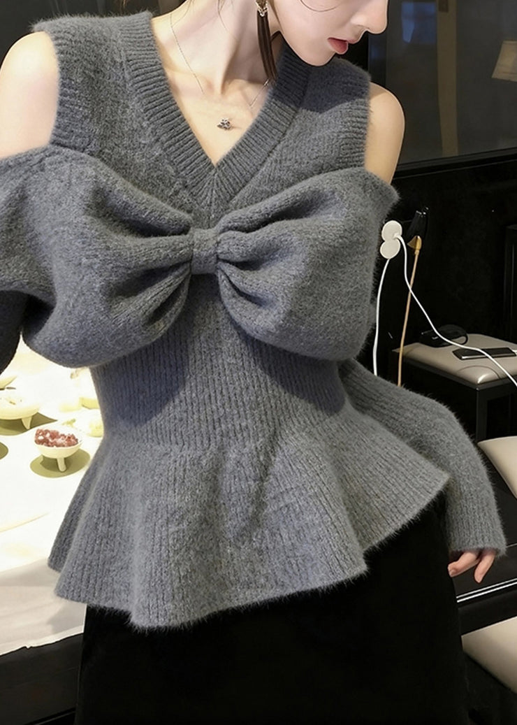 Stylish Grey V Neck Cold Shoulder Bow Knit Sweaters Fall