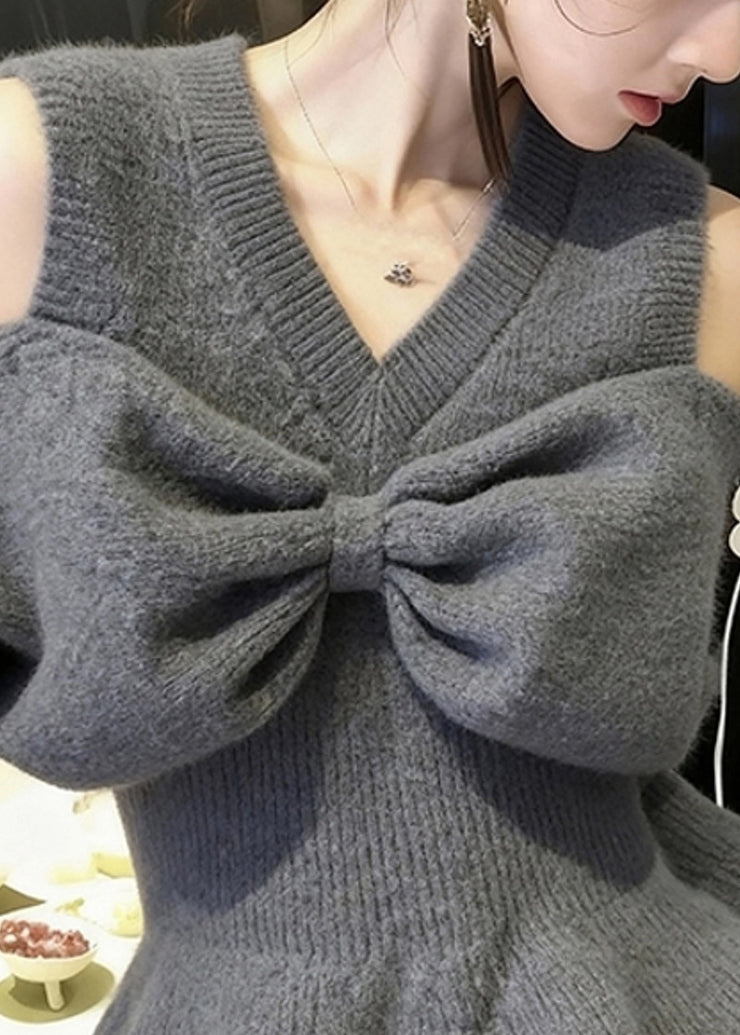 Stylish Grey V Neck Cold Shoulder Bow Knit Sweaters Fall