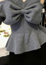 Stylish Grey V Neck Cold Shoulder Bow Knit Sweaters Fall