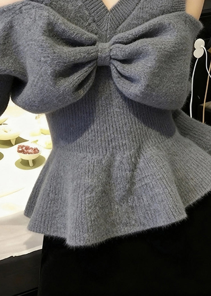 Stylish Grey V Neck Cold Shoulder Bow Knit Sweaters Fall