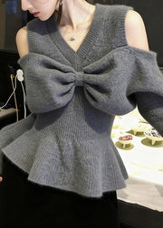 Stylish Grey V Neck Cold Shoulder Bow Knit Sweaters Fall