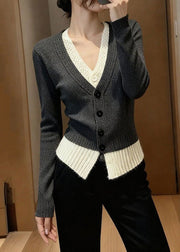 Stylish Grey V Neck Patchwork False Two Pieces Knit Sweater Fall