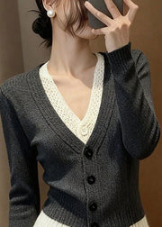 Stylish Grey V Neck Patchwork False Two Pieces Knit Sweater Fall