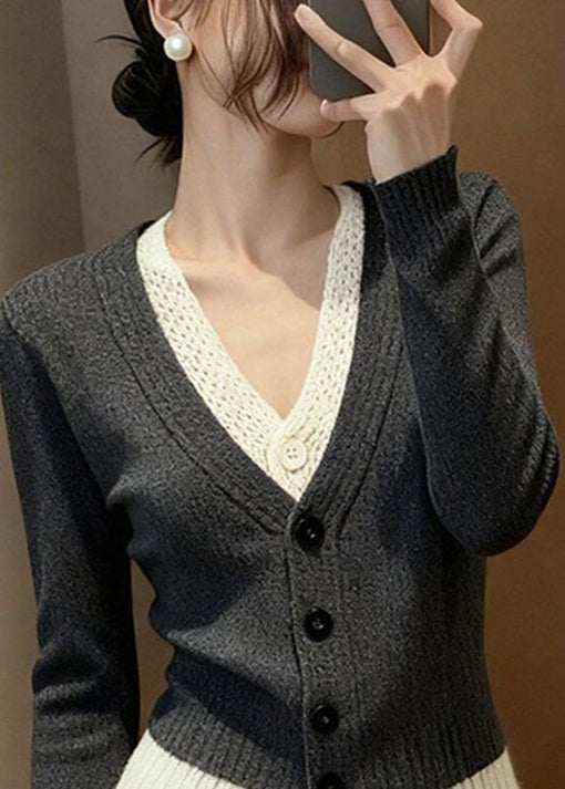 Stylish Grey V Neck Patchwork False Two Pieces Knit Sweater Fall
