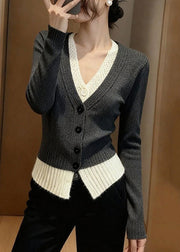 Stylish Grey V Neck Patchwork False Two Pieces Knit Sweater Fall