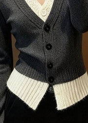 Stylish Grey V Neck Patchwork False Two Pieces Knit Sweater Fall