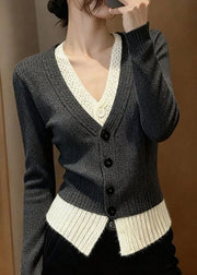 Stylish Grey V Neck Patchwork False Two Pieces Knit Sweater Fall