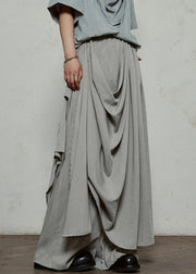Stylish Grey Wrinkled Pockets Cotton Pants Skirt Summer