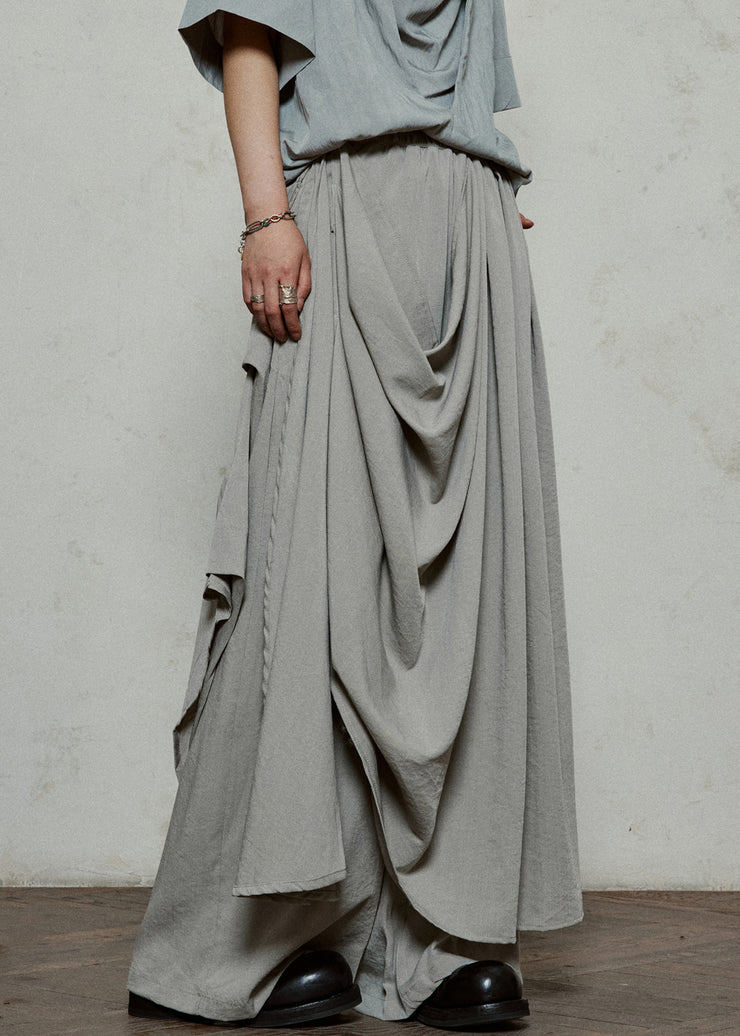 Stylish Grey Wrinkled Pockets Cotton Pants Skirt Summer