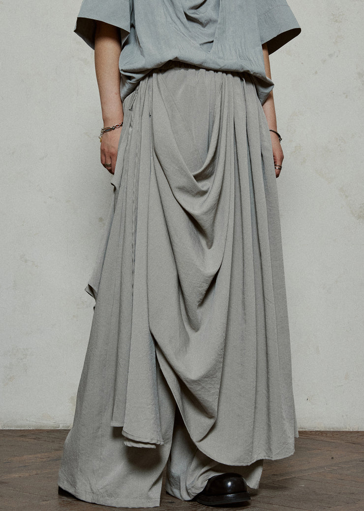 Stylish Grey Wrinkled Pockets Cotton Pants Skirt Summer