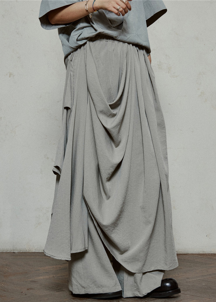 Stylish Grey Wrinkled Pockets Cotton Pants Skirt Summer