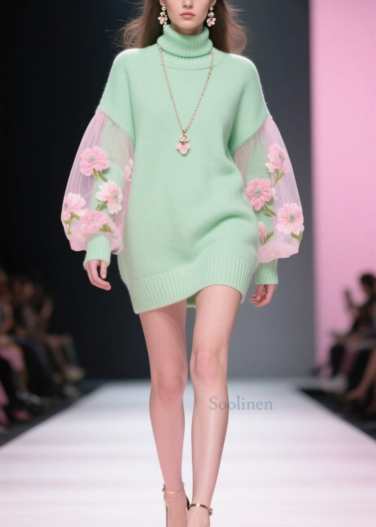 Stylish Hign Neck Tulle Patchwork Knit Sweater Dress Winter