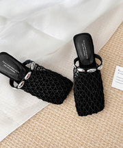 Stylish Hollow Out Splicing Wedge Black Cowhide Leather Slide Sandals