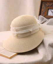 Stylish Khaki Bow Nail Bead Straw Woven Sun Hat