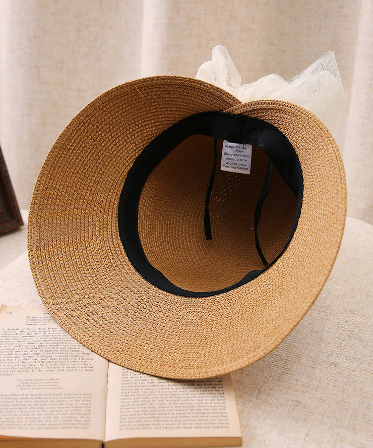 Stylish Khaki Bow Nail Bead Straw Woven Sun Hat