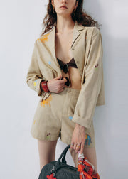 Stylish Khaki Embroidered Cotton Two Pieces Set Summer