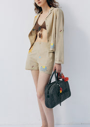 Stylish Khaki Embroidered Cotton Two Pieces Set Summer