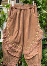 Stylish Khaki Embroidered Ruffled Pockets Corduroy Harem Pants