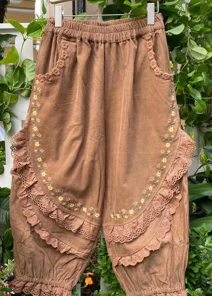 Stylish Khaki Embroidered Ruffled Pockets Corduroy Harem Pants