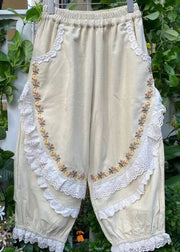 Stylish Khaki Embroidered Ruffled Pockets Corduroy Harem Pants