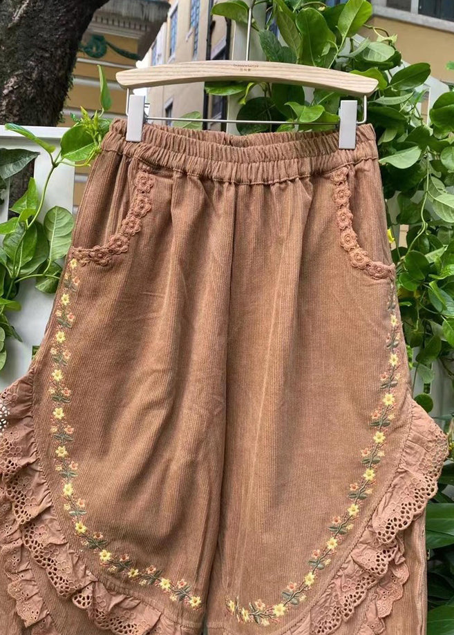 Stylish Khaki Embroidered Ruffled Pockets Corduroy Harem Pants