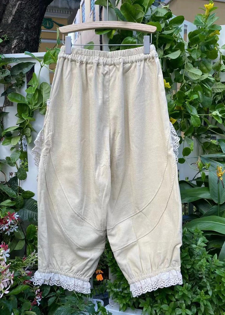 Stylish Khaki Embroidered Ruffled Pockets Corduroy Harem Pants