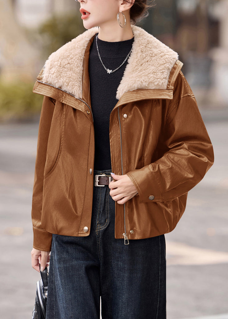 Stylish Khaki Fur Collar Thick Duck Down Faux Leather Coat Outwear Winter