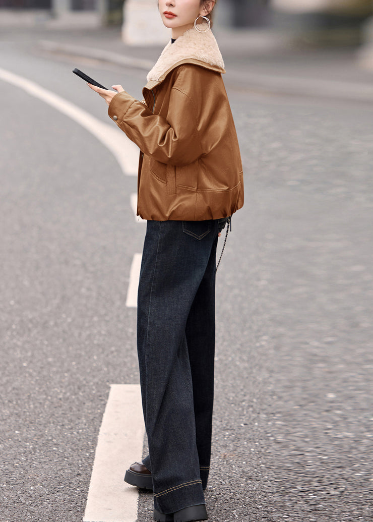 Stylish Khaki Fur Collar Thick Duck Down Faux Leather Coat Outwear Winter