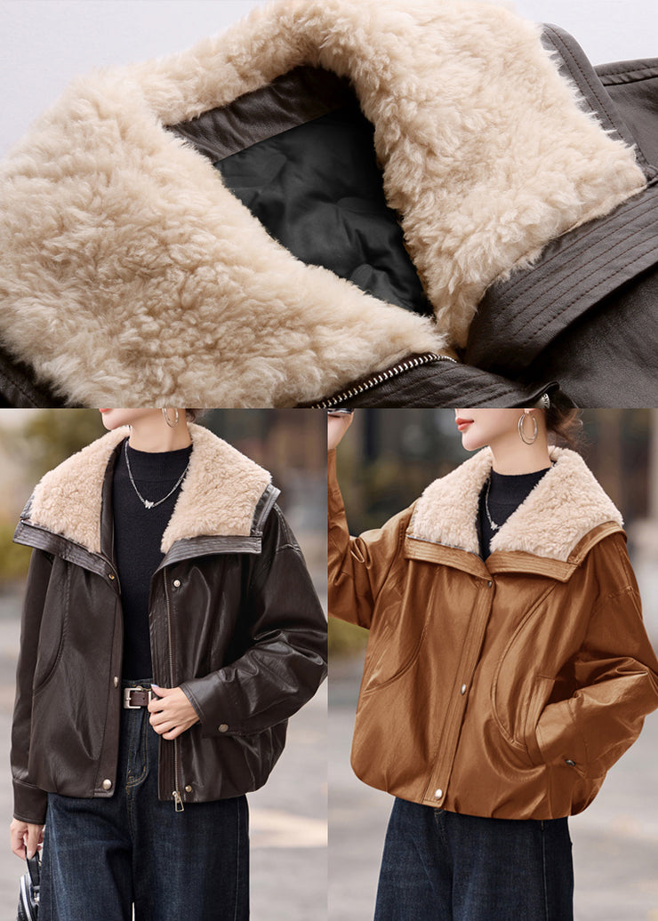 Stylish Khaki Fur Collar Thick Duck Down Faux Leather Coat Outwear Winter